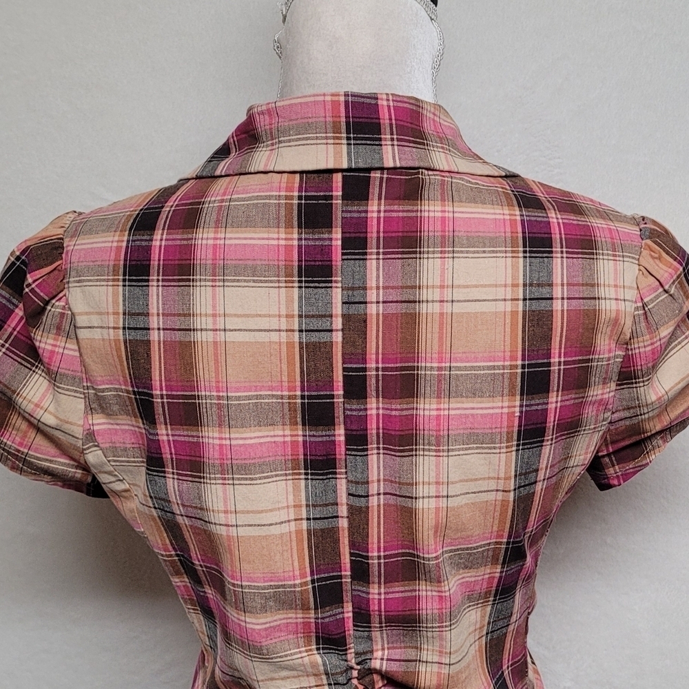 Rare Vintage 90s Rue21 Madras Plaid Stretchy Puff Sleeve Cropped Blazer Jacket - Picture 10 of 14